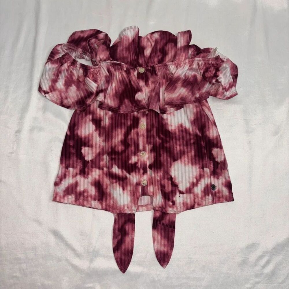 Justice Girls Tie Dye Off Shoulder Ruffle Top Size M (10) | Purple Maroon Blouse
